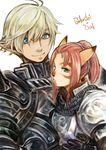  1girl animal_ears armor blonde_hair blue_eyes cat_ears character_name doraeshi elf elvaan facial_mark final_fantasy final_fantasy_xi green_eyes high_ponytail highres looking_at_viewer mithra pointy_ears red_hair slit_pupils smile upper_body 