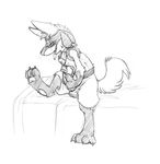  anthro balls bed black_and_white canine digital_drawing_(artwork) digital_media_(artwork) digitigrade eyes_closed looking_pleasured lucario male mammal masturbation monochrome nintendo on_bed panting pawpads penis pok&eacute;mon scarf sitting sketch tenchi-outsuno tongue tongue_out video_games 