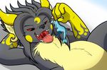 black_hair black_nose blue_eyes blue_nose brown_hair eeveelution frill fur hair half-closed_eyes imminent_vore inner_ear_fluff kuroodod lying male nintendo on_back pawpads pok&eacute;mon raichu red_sclera saliva sharp_teeth simple_background size_difference teeth tongue tongue_out umbreon vaporeon video_games vore white_background yellow_fur 