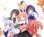  ama_usa_an_uniform blue_eyes blue_hair brown_hair fleur_de_lapin_uniform gochuumon_wa_usagi_desu_ka? hair_ornament hand_on_own_arm hoto_cocoa hoto_mocha kafuu_chino kirima_sharo moko_(alice) multiple_girls purple_eyes rabbit_house_uniform tedeza_rize tray ujimatsu_chiya waitress x_hair_ornament 