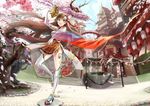  brown_eyes brown_hair cherry_blossoms dragon fan folding_fan highres japanese_clothes long_hair original solo temple thighhighs very_long_hair wide_sleeves yache 