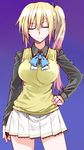  blonde_hair breasts closed_eyes cosaten gradient gradient_background hand_on_hip highres kawakami_mai large_breasts long_hair md5_mismatch musaigen_no_phantom_world pleated_skirt school_uniform side_ponytail skirt smile solo sweater_vest 