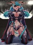  armor ass_visible_through_thighs bangs bikini_armor black_legwear blue_hair blush bracelet breasts bustier chain chaos_online cleavage collar covered_nipples dated demon_girl demon_tail detached_sleeves ear_piercing eyepatch garter_straps hands_on_own_face highres hips horns jewelry kneeling large_breasts lips midriff navel nosangsang open_mouth piercing pointy_ears satyr_(chaos_online) short_hair shoulder_pads shoulder_spikes solo spikes swept_bangs tail thighhighs thighs yandere_trance yellow_eyes 
