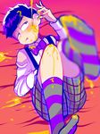  bad_id bad_tumblr_id black_hair hand_on_own_stomach honey jitome lying male_focus matsuno_ichimatsu messy_hair on_back on_bed osomatsu-kun osomatsu-san plaid plaid_shorts sachidraws shorts solo striped striped_legwear suspender_shorts suspenders tongue tongue_out 