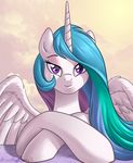  2016 brian_mcpherson equine feathered_wings feathers female friendship_is_magic hair horn long_hair looking_at_viewer mammal multicolored_hair my_little_pony princess_celestia_(mlp) purple_eyes smile solo winged_unicorn wings 