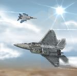  ace_combat_04 ace_combat_zero aim-120_amraam aim-9_sidewinder aircraft airplane bad_id bad_pixiv_id blue_sky cipher_(ace_combat) cloud commentary condensation_trail day f-15_eagle f-22_raptor fighter_jet glint highres isaf jet military military_vehicle missile mobius_1 no_humans ragi_(00203) sky sun 