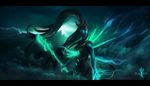  black_hair black_lipstick blue_skin character_name dgatrick glowing glowing_eyes helmet highres impaled kalista league_of_legends lipstick long_hair makeup no_pupils polearm ponytail solo spear watermark weapon 