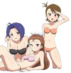  3girls :o all_fours arm_support bandeau bikini blue_hair blush bow brown_hair futami_ami hair_bow highres idolmaster idolmaster_(classic) kneeling long_hair looking_at_viewer lying minase_iori miura_azusa multiple_girls o-ring o-ring_bikini on_back red_eyes ryuuguu_komachi short_hair side-tie_bikini smile swimsuit white_background 