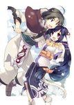  1girl :d ahoge animal_ears black_hair breath brown_eyes brown_hair haku_(utawareru_mono) kuon_(utawareru_mono) long_hair looking_at_another nanae_akio open_mouth orange_eyes short_hair smile tail traditional_clothes utawareru_mono utawareru_mono:_itsuwari_no_kamen very_long_hair 