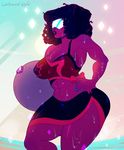  abs alien breasts cleavage clothed clothing eyewear female garnet_(steven_universe) gem_(species) lips red_skin steven_universe sunglasses sweat thick_thighs 