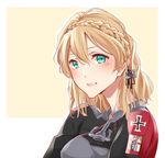  alternate_hairstyle anchor anchor_hair_ornament asakawa_(outeq) bad_anatomy blonde_hair blush braid commentary crown_braid french_braid green_eyes hair_between_eyes hair_ornament iron_cross kantai_collection long_hair looking_at_viewer military military_uniform parted_lips prinz_eugen_(kantai_collection) short_hair simple_background single_braid smile solo teeth uniform upper_body yellow_background 