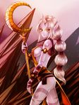  blush breasts crescent horn large_breasts league_of_legends long_hair looking_at_viewer looking_to_the_side pointy_ears ponytail purple_skin sideboob solo soraka staff tattoo very_long_hair waterring white_hair yellow_eyes 
