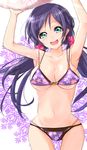  aqua_eyes bad_id bad_pixiv_id bikini bikini_top breasts cleavage collarbone floral_print highres large_breasts layered_bikini long_hair love_live! love_live!_school_idol_project low_twintails navel open_mouth print_bikini purple_bikini purple_hair smile solo swimsuit thigh_gap toujou_nozomi twintails underboob velia very_long_hair 