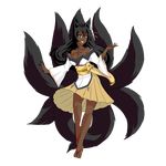  absurdres alternate_color alternate_skin_color animal_ear_fluff animal_ears bare_legs bare_shoulders black_hair breasts brown_eyes cleavage dark_skin fox_ears fox_tail full_body geta grin highres kitsune large_breasts legs long_hair looking_at_viewer mon-musu_quest! monster_girl multiple_tails obi older sash smile solo tail tamamo_(mon-musu_quest!) tattoo thundragon transparent_background 