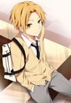  ansatsu_kyoushitsu bad_id bad_pixiv_id bag bangs black_neckwear blush cardigan checkered checkered_floor from_above grey_pants hands_in_pockets hi-ma highres long_sleeves maehara_hiroto male_focus necktie pants parted_bangs school_uniform shirt shoulder_bag sitting solo twitter_username white_shirt yellow_eyes 