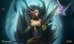  breasts cleavage copyright_name dgatrick fairy leaf leaf_bra league_of_legends medium_breasts midriff monster_girl navel open_mouth outstretched_hand plant_girl solo watermark yellow_eyes zyra 