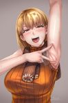  armpits ashley_graham blonde_hair breasts brown_eyes large_breasts long_hair looking_at_viewer resident_evil resident_evil_4 scarf sgk smile solo spread_armpit sweat sweater_vest 