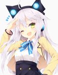  bad_id bad_pixiv_id blue_ribbon blush cat_ear_headphones green_eyes hand_over_face headphones jacket long_hair long_sleeves looking_at_viewer nibiiro_shizuka one_eye_closed open_mouth original ribbon silver_hair simple_background smile solo upper_body yellow_jacket 