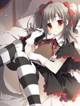  bad_id bad_pixiv_id blush capelet drill_hair gloves highres idolmaster idolmaster_cinderella_girls kanzaki_ranko long_hair oniku_(shimofuri-ke) panties pencil pout red_eyes silver_hair solo striped striped_legwear thighhighs twin_drills twintails underwear white_panties 