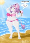  5_fingers aged_up anthro beach bikini chubby_female clothing day dessert equid equine female fingers food friendship_is_magic green_eyes hair hasbro hooves horn ice_cream ice_cream_cone mammal my_little_pony ponytail professordoctorc purple_hair seaside slightly_chubby sun sweetie_belle_(mlp) swimwear thick_thighs unicorn white_body wide_hips 