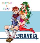  1girl :d character_name copyright_name feena_(grandia) grandia grandia_i green_hair hair_tubes hands_on_shoulders justin_(grandia) kneeling layered_sleeves long_hair low-tied_long_hair open_mouth red_footwear red_hair red_legwear scarf setuga shoes simple_background sitting smile thighhighs v_arms 