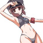  :d aegis_(nerocc) arm_up armband armpits bikini blush breasts brown_hair girls_und_panzer groin hat headset highleg highleg_bikini highleg_swimsuit looking_at_viewer navel nishizumi_miho open_mouth peaked_cap red_eyes short_hair sideboob simple_background small_breasts smile solo swimsuit white_background 