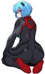  ass ayanami_rei black_bodysuit blue_hair bodysuit commentary_request from_behind jinroku looking_at_viewer looking_back neon_genesis_evangelion number open_mouth pale_skin pilot_suit plugsuit red_eyes seiza short_hair sitting solo 