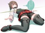  bike_shorts black_legwear brown_eyes brown_hair commentary_request flat_chest hair_between_eyes headband headgear jitome kantai_collection limbo looking_up musaigen_no_phantom_world outstretched_arms panikuru_yuuto parody pleated_skirt short_hair skirt solo taihou_(kantai_collection) thighhighs thighs translated wide_sleeves 