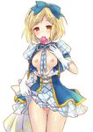  bad_id bad_pixiv_id blonde_hair blush bow breasts censored condom condom_in_mouth djeeta_(granblue_fantasy) gloves granblue_fantasy hair_bow isao_(wasamoti) kimi_to_boku_no_mirai looking_at_viewer mosaic_censoring mouth_hold open_clothes orange_eyes plaid pussy ribbon short_hair skirt skirt_lift small_breasts smile solo white_background white_gloves 