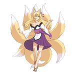  absurdres animal_ear_fluff animal_ears bare_legs bare_shoulders blonde_hair breasts cleavage fox_ears fox_tail full_body geta green_eyes grin highres kitsune large_breasts legs long_hair looking_at_viewer mon-musu_quest! monster_girl multiple_tails obi older sash smile solo spoilers tail tamamo_(mon-musu_quest!) tattoo thundragon transparent_background 