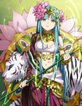  aqua_eyes armlet bad_id bad_pixiv_id blue_eyes breasts cleavage facial_mark flower hair_flower hair_ornament headdress long_hair looking_at_viewer lotus medium_breasts meguri_(lunge) navel parvati_(p&amp;d) petals polearm puzzle_&amp;_dragons shawl solo tiger weapon 