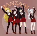  arm_up black_hair black_legwear blake_belladonna blonde_hair blue_eyes bow embarrassed highres iesupa kneehighs multiple_girls pantyhose purple_eyes raised_fist red_hair ruby_rose rwby school_uniform silver_eyes silver_hair skirt smile thighhighs wavy_mouth weiss_schnee yang_xiao_long yellow_eyes 