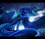  2015 blue_eyes blue_feathers blue_fur blue_hair equine feathered_wings feathers female feral friendship_is_magic fur hair horn lanteria looking_at_viewer mammal my_little_pony princess_luna_(mlp) sky solo star winged_unicorn wings 