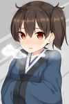  blush breath brown_eyes brown_hair cold commentary_request hiiragi_hajime japanese_clothes kaga_(kantai_collection) kantai_collection looking_at_viewer short_hair side_ponytail solo trembling 