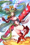  ass big_hair breasts cherokee_(1021tonii) chinese_zodiac green_hair grin highres long_hair medium_breasts nengajou new_year original smile solo tail thighhighs year_of_the_monkey yellow_eyes 