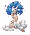  absurdres adjusting_hair animal_ears armpits arms_up big_hair blue_eyes blue_hair cat_ears cat_tail claws crossed_legs felicia full_body fur highres long_hair paws sitting solo tail tsumujin vampire_(game) white_background 
