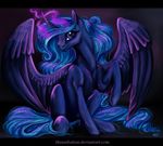  2015 black_background blue_eyes blue_feathers blue_fur blue_hair equine feathered_wings feathers female feral friendship_is_magic fur hair horn lanteria looking_at_viewer mammal my_little_pony princess_luna_(mlp) simple_background solo winged_unicorn wings 