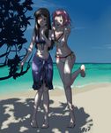  ;d astrid_(fire_emblem) beach bikini black_hair blue_eyes blush breasts cleavage day fire_emblem fire_emblem:_akatsuki_no_megami fire_emblem:_souen_no_kiseki front-tie_top light_smile long_hair majin_(marcia) marcia multiple_girls navel ocean one_eye_closed open_mouth orange_eyes pink_hair sarong shadow short_hair side-tie_bikini smile swimsuit tree v white_bikini white_swimsuit 