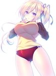  ass_visible_through_thighs backlighting bangs blonde_hair blouse blush breasts buruma impossible_clothes kawakami_mai large_breasts long_hair looking_at_viewer mole mole_on_thigh mole_under_eye musaigen_no_phantom_world purple_eyes side_ponytail simple_background solo touwa_nikuman white_background 