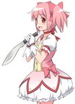  bubble_skirt choker dress gloves hair_ribbon kaname_madoka knife kukri looking_at_viewer machete magical_girl mahou_shoujo_madoka_magica neck_ribbon open_mouth pink_eyes pink_hair puffy_short_sleeves puffy_sleeves ribbon short_sleeves short_twintails skirt smile solo twintails weapon white_gloves youkan 