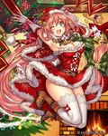  armpits arms_up bare_shoulders breasts christmas_tree eikou_no_guardian_battle fire fireplace highres long_hair madogawa medium_breasts one_eye_closed open_mouth smile solo thighhighs white_legwear 