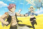  1girl bad_id bad_pixiv_id black_legwear black_skirt blonde_hair bluesnowcat breasts brown_eyes cleavage cloud day eye_contact fairy_tail happy happy_(fairy_tail) holding_hands long_hair looking_at_another lucy_heartfilia medium_breasts natsu_dragneel navel open_mouth outdoors pink_hair scarf short_hair skirt sky spiked_hair tattoo thighhighs twintails white_scarf zettai_ryouiki 