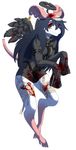  anthro bandage black_hair blood breasts cakewasgood ear_tag female fur german_text grin hair halo long_hair looking_at_viewer mammal rat red_eyes rodent solo stitches straitjacket text white_fur wings 