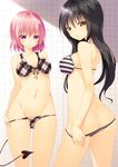  ass bikini bikini_pull black_hair breasts cleavage demon_tail front-tie_bikini front-tie_top highres jpeg_artifacts kotegawa_yui long_hair looking_at_viewer medium_breasts momo_velia_deviluke multiple_girls navel pink_hair purple_eyes shokuyou_mogura short_hair sideboob swimsuit tail take_your_pick to_love-ru underboob yellow_eyes 