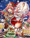  blush breasts christmas_tree eikou_no_guardian_battle gloves hat highres long_hair madogawa medium_breasts open_mouth santa_hat smile snowflakes solo thighhighs very_long_hair white_gloves white_legwear 