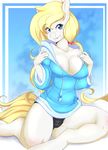  2016 anthro areola blonde_hair blue_eyes breasts cleavage clothed clothing equine fan_character female hair horse kneeling looking_at_viewer mammal my_little_pony panties pony ponytail rainbowscreen solo underwear undressing 