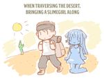  1girl backpack bag bandana blue_eyes blue_hair blue_skin brown_hair cactus chibi desert english engrish goo_girl greenteaneko long_hair monster_girl original ranguage short_hair smile sun walking 