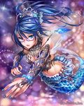  blue_eyes blue_hair blue_nails breasts earrings eikou_no_guardian_battle frills glasses hair_ornament highres jewelry long_hair looking_at_viewer madogawa medium_breasts mermaid midriff monster_girl nail_polish navel necklace ring solo 