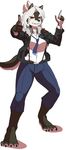  anthro big_breasts breasts cakewasgood canine clothing dog female grin hair jacket mammal necktie pants shirt short_hair simple_background solo suspenders white_background white_hair yellow_eyes 