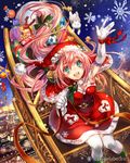  blush breasts eikou_no_guardian_battle elbow_gloves gift gloves hat highres long_hair madogawa medium_breasts open_mouth santa_costume santa_hat sitting smile solo very_long_hair white_gloves 